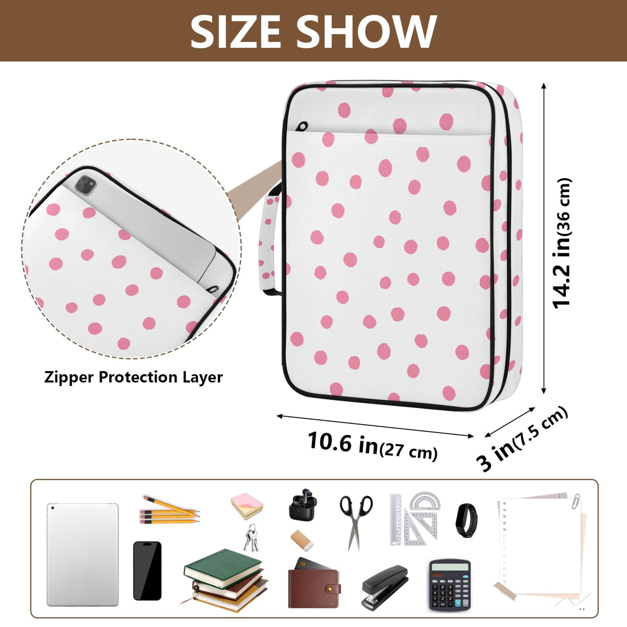 FORMRS Accordion File Folder A4 Size 7-Pocket Expanding Document Organizer Bag with 3 Ring Binder, Pink Polka Dots