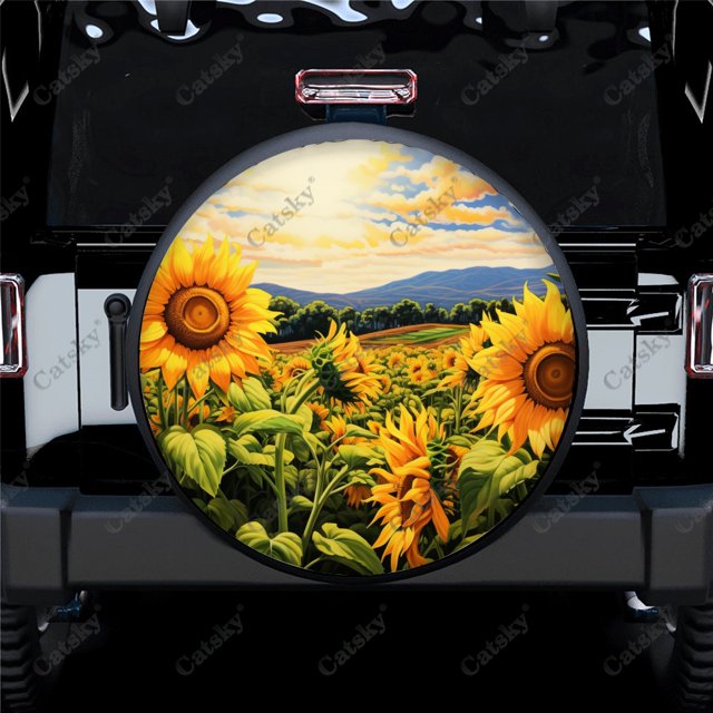 Painting Sunflowers In Field Pattern Polyester Universal Spare Wheel Tire Cover Wheel Covers for Trailer RV SUV Truck Camper