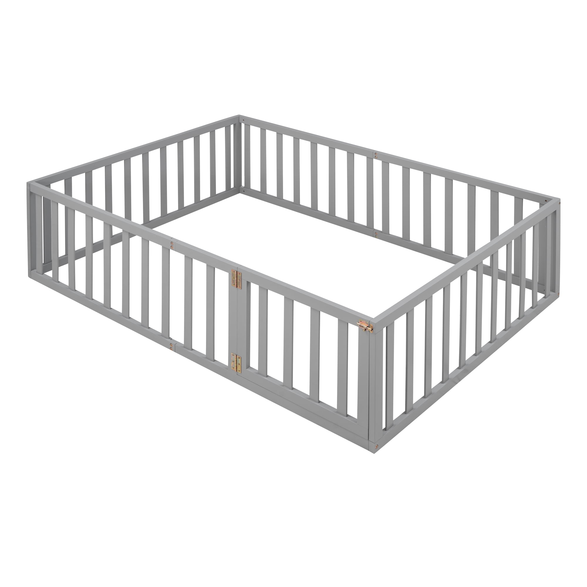 Kumix Full Floor Bed with Fence and Door, Wood Floor Bed Frame for Teens, Noise-Free Low Floor Bed for Bedroom, Dorm, No Weight Capacity Limit, Easy Assembly, Gray