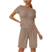 Timegard 2 Piece Sets for Women Tee Shirts Wide Leg Shorts Comfy Solid Color Casual Workout Outfits