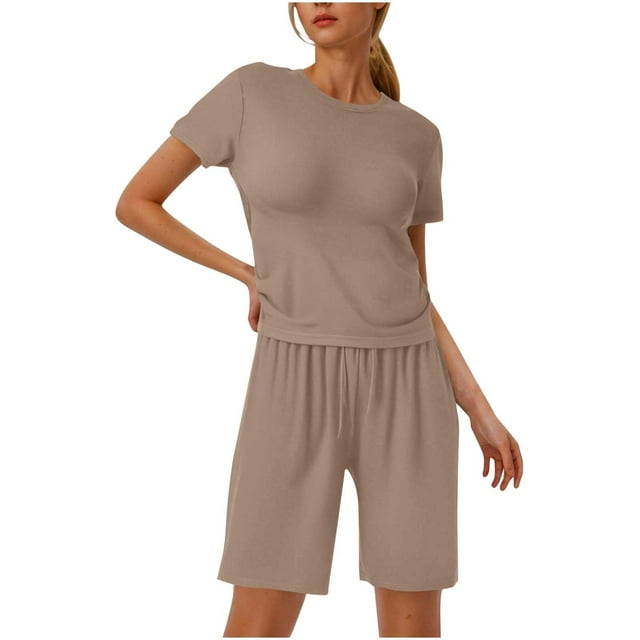 Camisas de Color Sólido para las Mujeres Cuello Redondo Manga Corta, Elástico de la Cintura Dibujo Cuerda Bolsillo Pantalones Cortos Conjunto