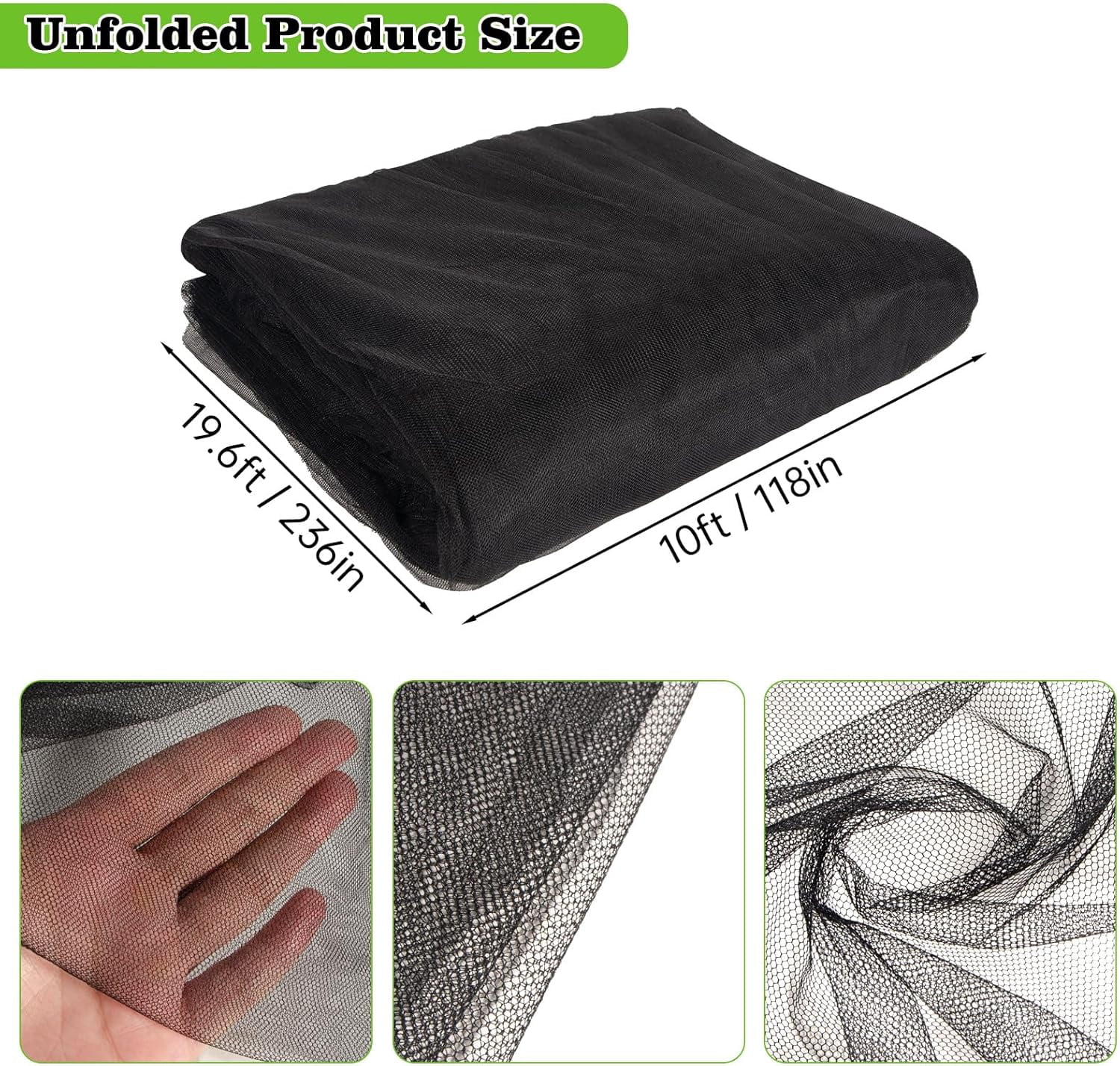20x10Ft Mosquito Netting Garden Mesh Netting, Fly Bird Net Barrier Hunting Blind Plant Protecting Net, 3x6m Black