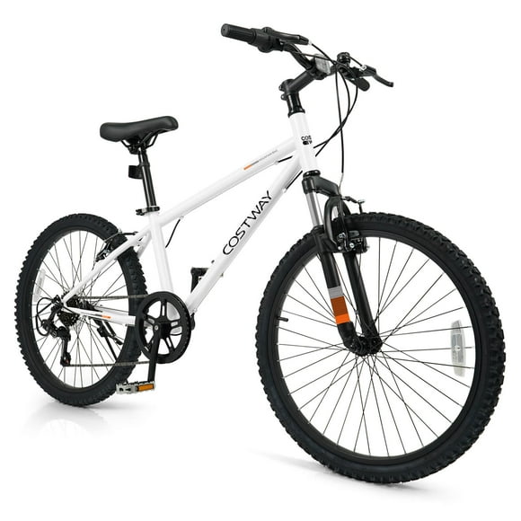 Costway 24 Inch Kids Mountain Bike for Boys Girls Aged 8+ Years Old with Suspension Fork White