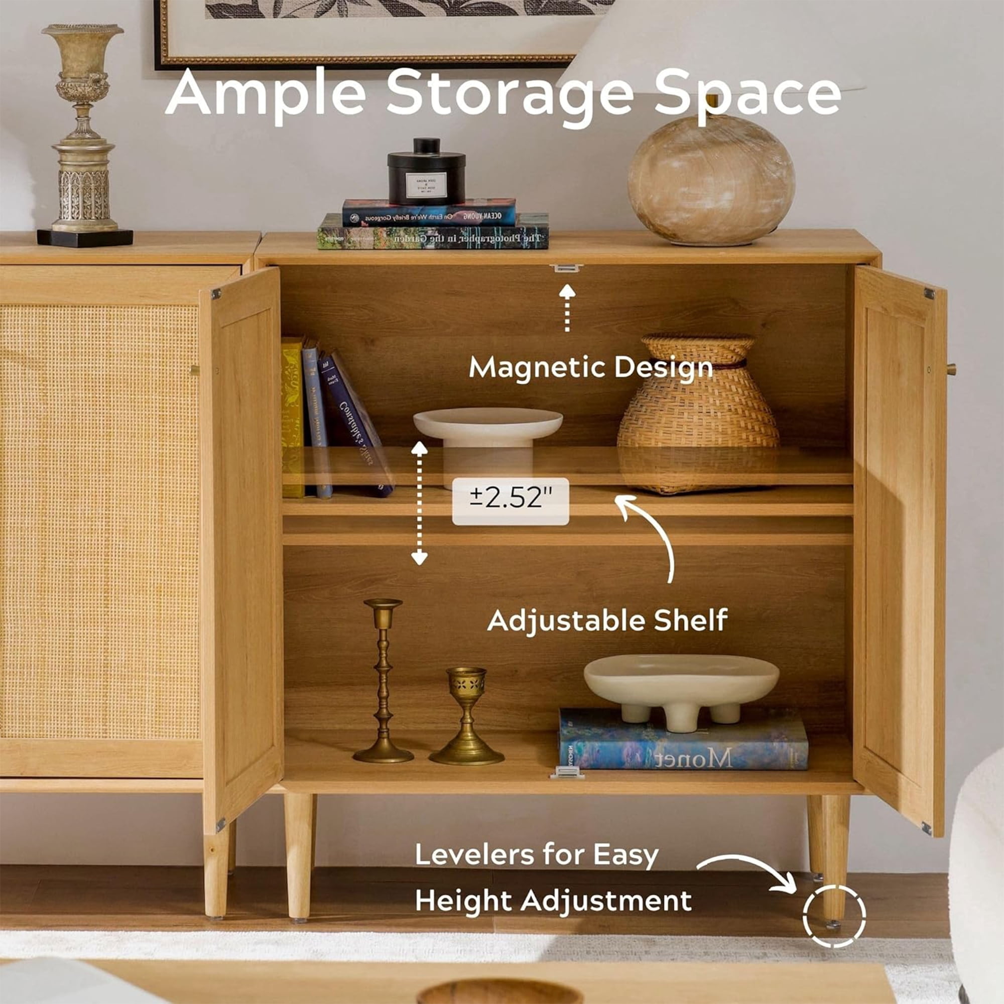 EYYTHUNG Accent Storage Cabinet with Rattan Doors, Small Sideboard Boho Buffet Kitchen Bar Cabinet, Natural Oak