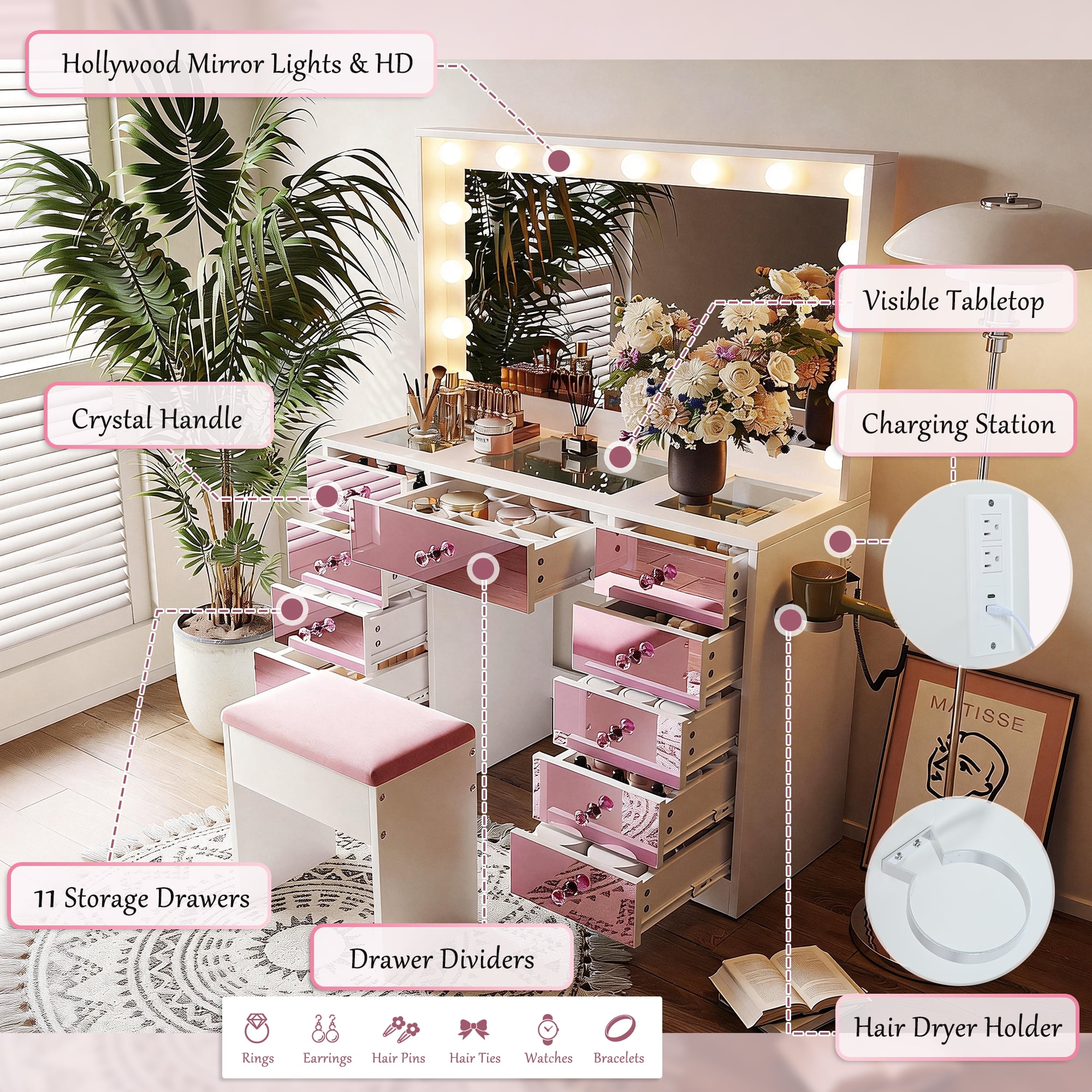 Makeup Vanity, Vanity Desk with Lights, Hollywood Vanity with 15 LED Bulbs 3 Color Modes Adjustable Brightness Pink Glass Top Dressing Table 11 Drawers Includes Cushioned Stool, Pink