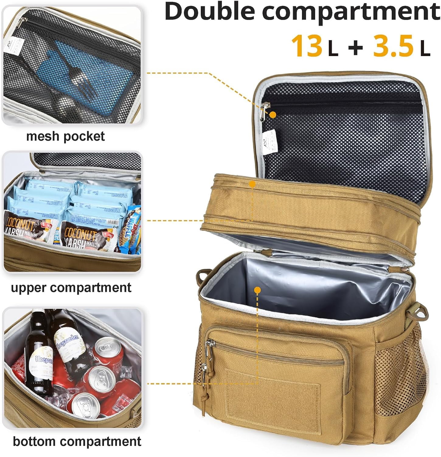 TRIPGEAR Double Deck Lunch Box for Men, Lunch Cooler Bag Work with Shoulder Strap Webbing Large Capacity Leakproof Insulated(19.5 Brown)