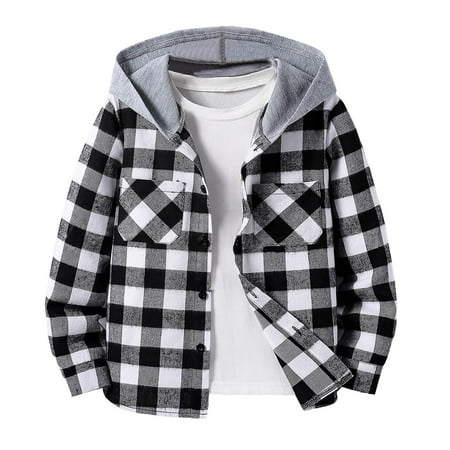 dazeni Big Boys Fashion Plaid Hoodies Shirts Casual Button Down Shirts Long Sleeve Blouse Spring Fall Preppy Clothes Black 6-7 Years