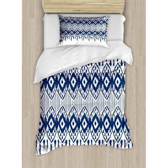 Ikat Twin Size Duvet Cover Set, Asian Traditional Design Borders Tribal Art Geometrical Motifs and Shapes, Decorative 2 Piece Bedding Set with 1 Pillow Sham, Navy Blue and White, by Ambesonne