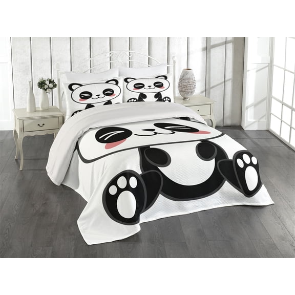 Ambesonne Anime Quilted Coverlet 3 Pcs, Japanese Manga Art, King Size, Black White Grey