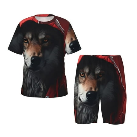Luyuia Mysterious Hooded Wolf Print Girls  2-Piece Tie-Dye Pajama Set  Cute Summer Loungewear with Shirt and Tank Shorts Nightwear-X-Large