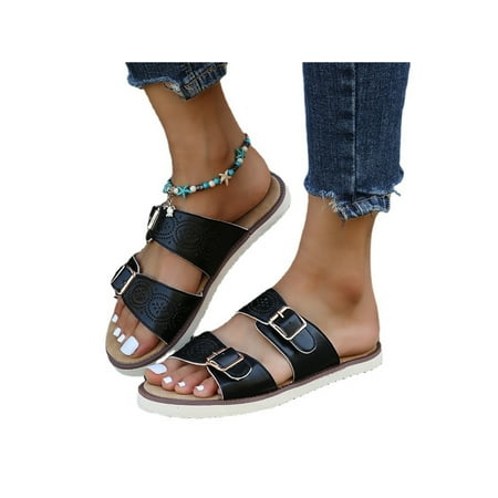 

Wazshop Women Slides Slip On Slippers Open Toe Shoes Comfortable Backless Flats Women s Buckles Decor Cozy Black 8.5