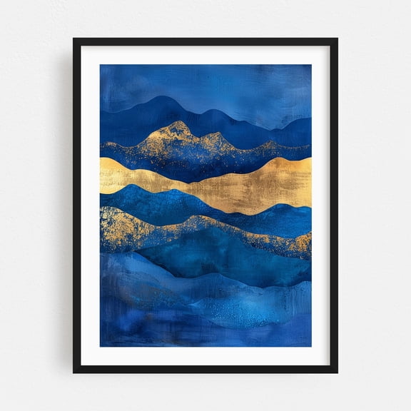 Abstract Blue Mountains Landscape with Gold Splashes and Texture - Painting Abstract Modern Art Geometric Minimalist Waves Black Framed Wall Art Print 12 x 16 inches