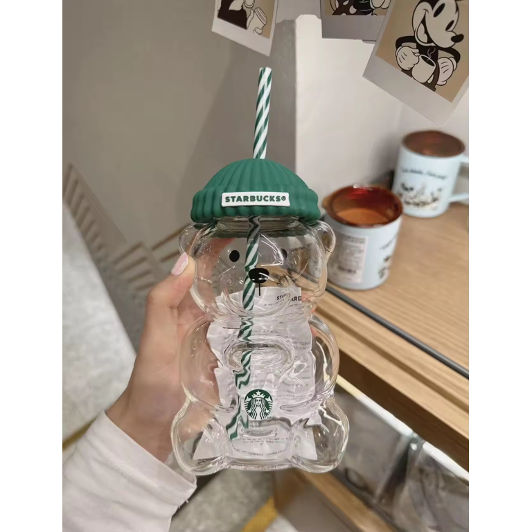 Star Bucks Bear Cup Bearista Glass Mug 20 oz with Straw | For Iced & Hot Coffee | Perfect Holiday Gift