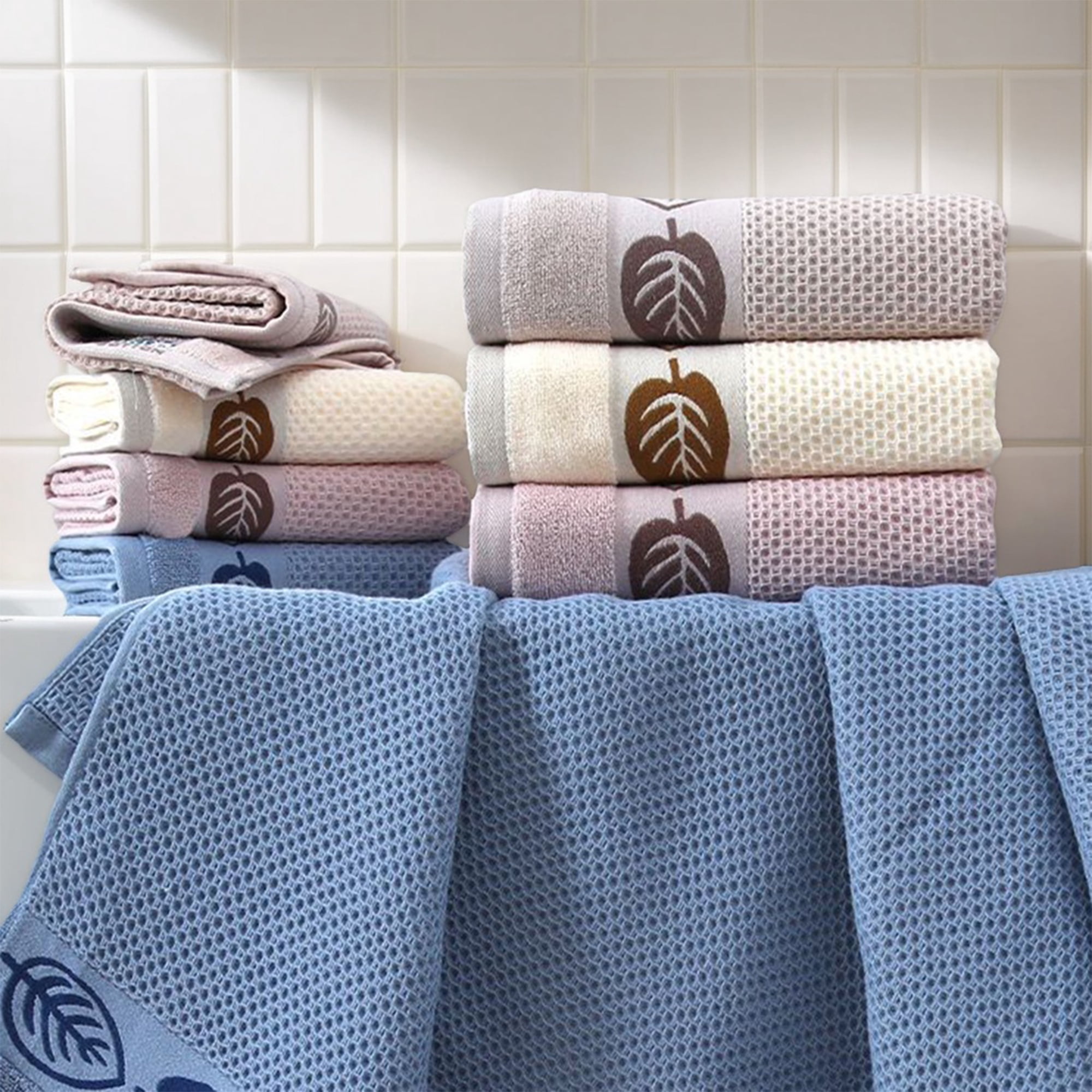 Unique Bargains Waffle Cotton Hand Towels Set of 2 for Bathroom Beige