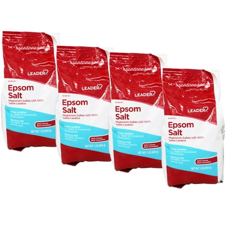LEADER Epsom Salt Soaking Aid, Magnesium Sulfate Saline Laxative, Ideal for Relaxation, Muscle Recovery, Resealable Bag, 1 lb - 4 Pack