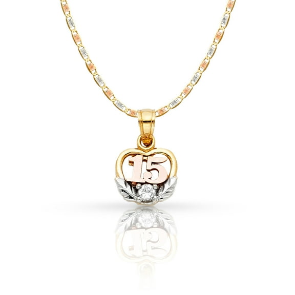 14K Tri Color Gold Sweet 15 Years Quinceanera Heart Cubic Zirconia CZ Charm Pendant with 1.5mm Valentino Chain Necklace