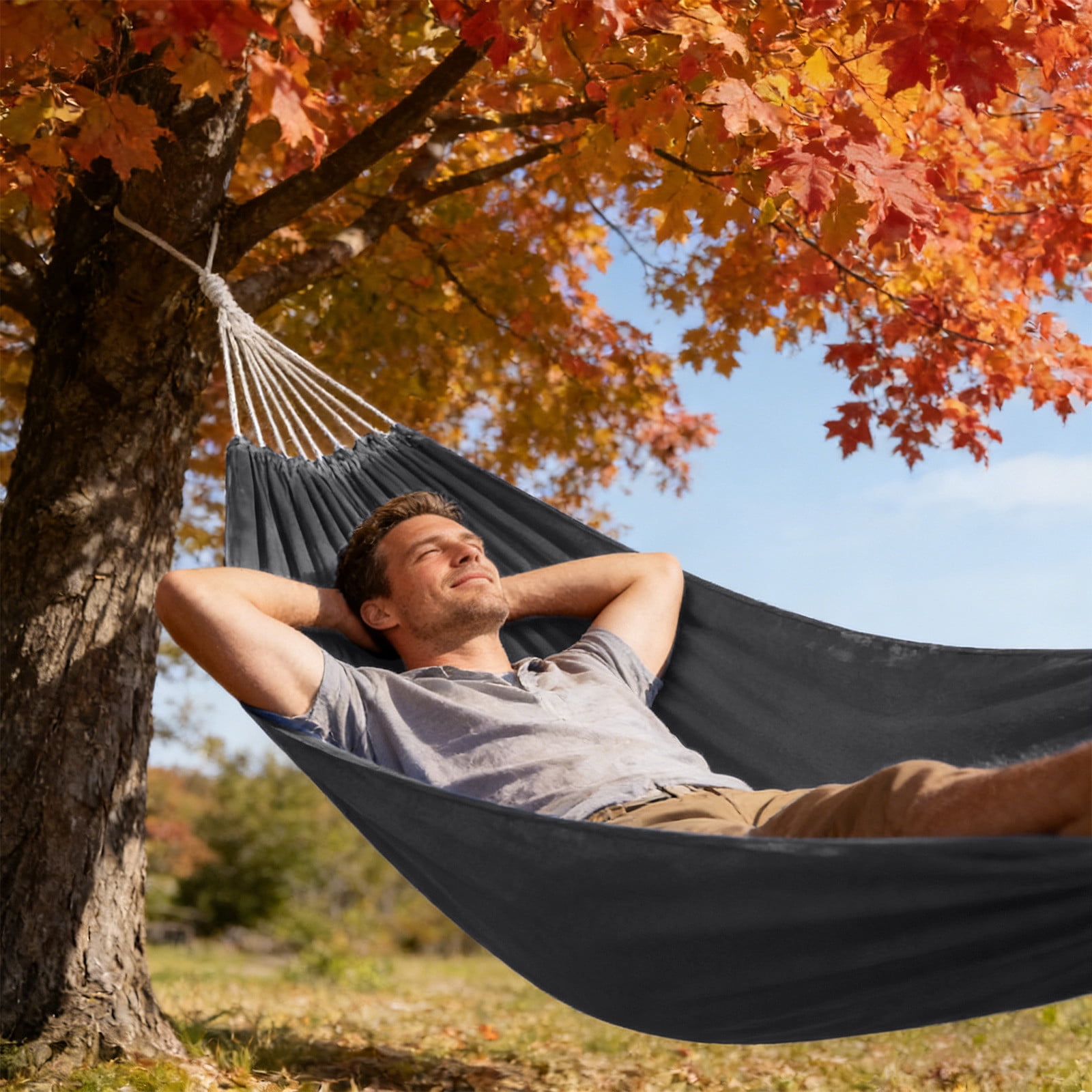 Heavy Duty Canvas Camping Hammock, Anti-Tip Double Swinging Bed for Adults, Portable Outdoor Hammock for Backyard, Beach, Garden Patio Relaxation and Lounging