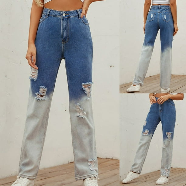 Ripped Jeans for Women Stretch High Waisted Straight Leg Denim Pants Raw  Hem Casual Distressed Lounge Trousers