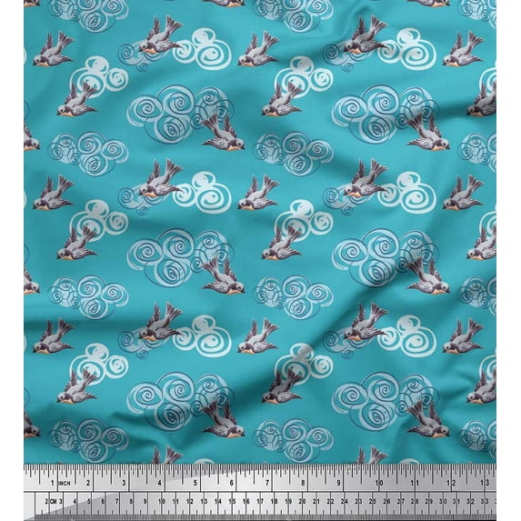 Soimoi Cotton Jersey Fabric Clouds & Bullfinch Bird Fabric Prints by Yard 58 Inch Wide