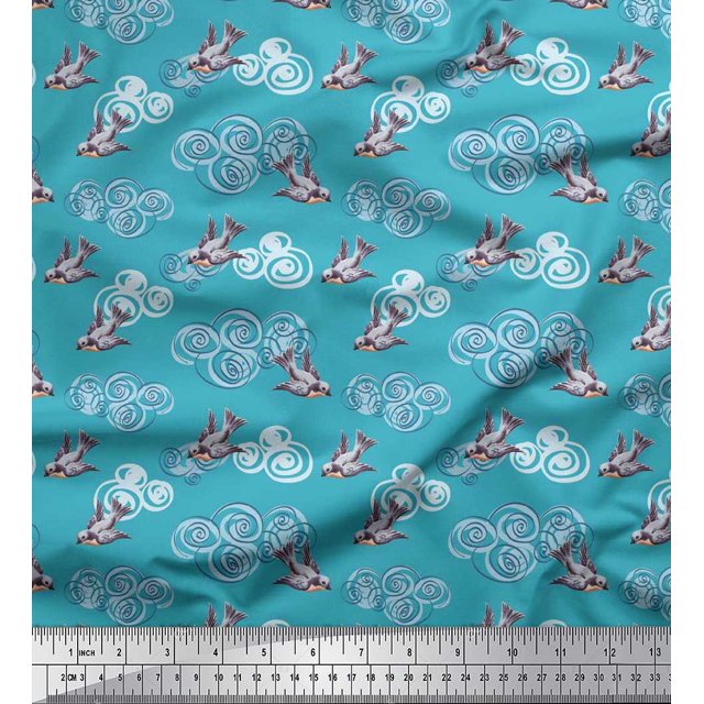 Soimoi Poly Crepe Fabric Clouds & Bullfinch Bird Printed Craft Fabric by The Yard 52 Inch Wide