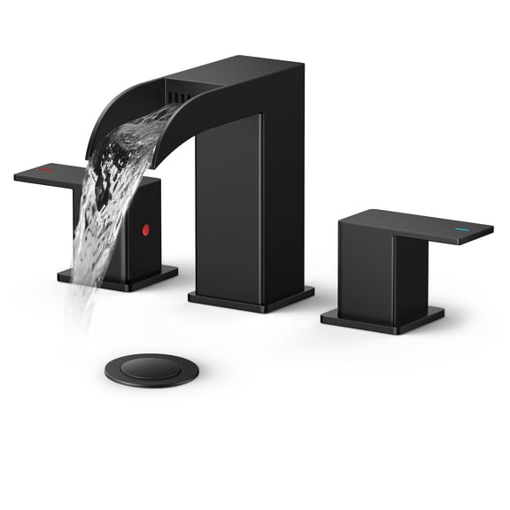 TVOFEK 8 inch Waterfall Bathroom Faucet 3 Hole, Matte Black Bathroom Sink Faucet with Metal Pop-up Drain, 2 Handle Stainless Steel Bathroom Water Faucets for Vanity Lavatory Restroom RV