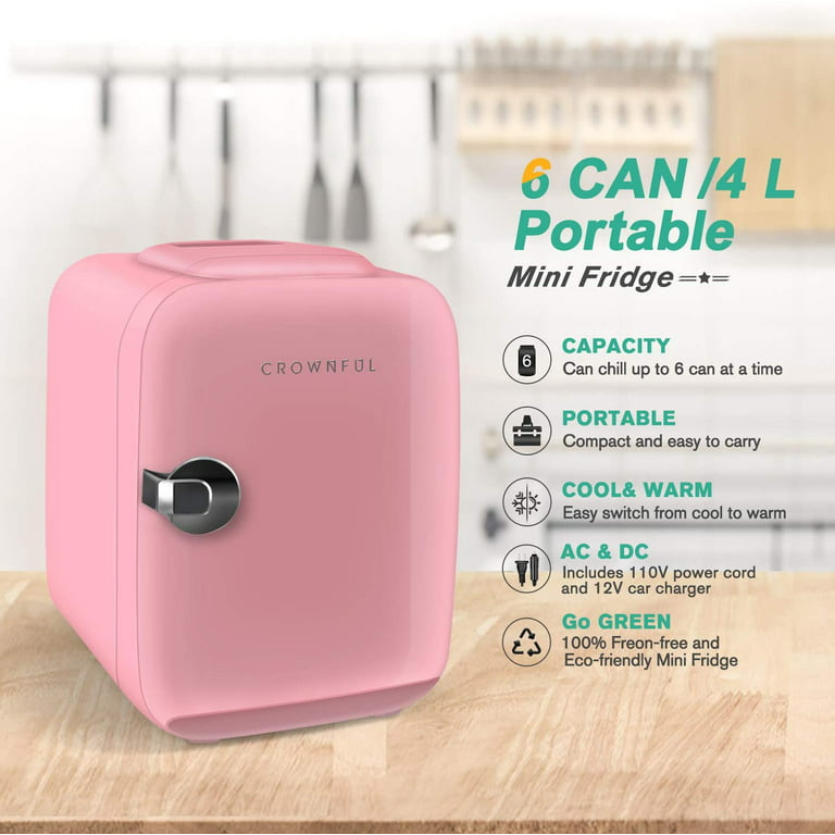 CROWNFUL Mini Fridge, 4 Liter/6 Can Portable Cooler and Warmer Personal  Refrigerator, AC/DC,Pink 