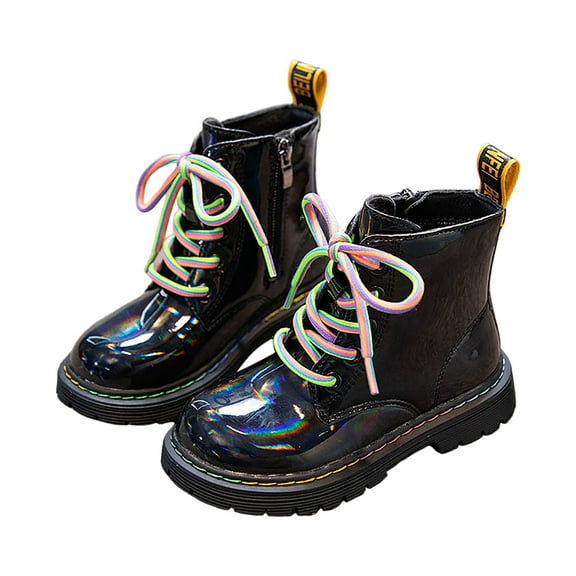 Mepaouo Girls Rain Boots Rainbow Shoelace Lug Sole Waterproof Ankle Boots Kids Outdoor Shoes(Colorful,30)