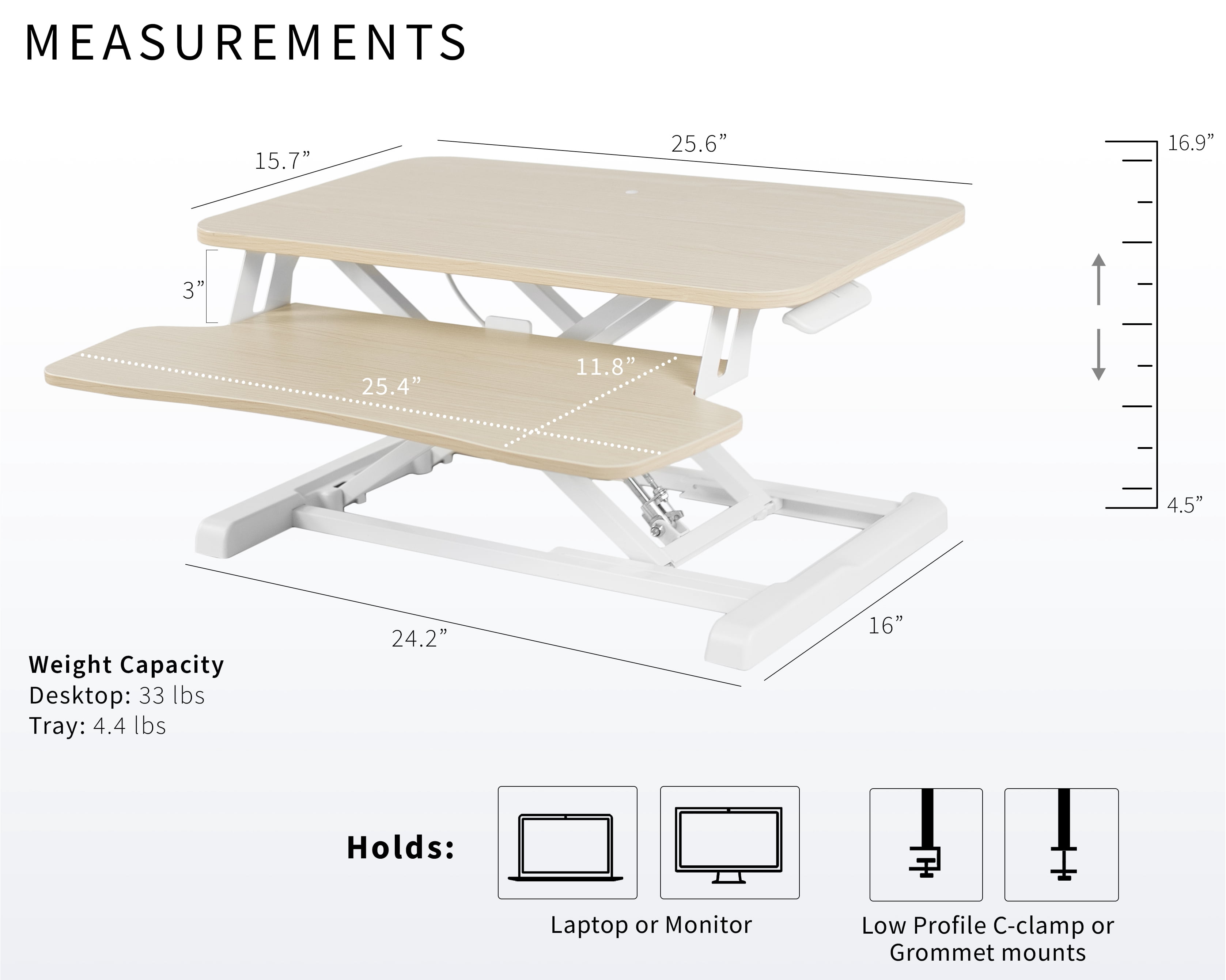 VIVO Light Wood 26" Height Adjustable Standing Desk Monitor Riser, White Frame
