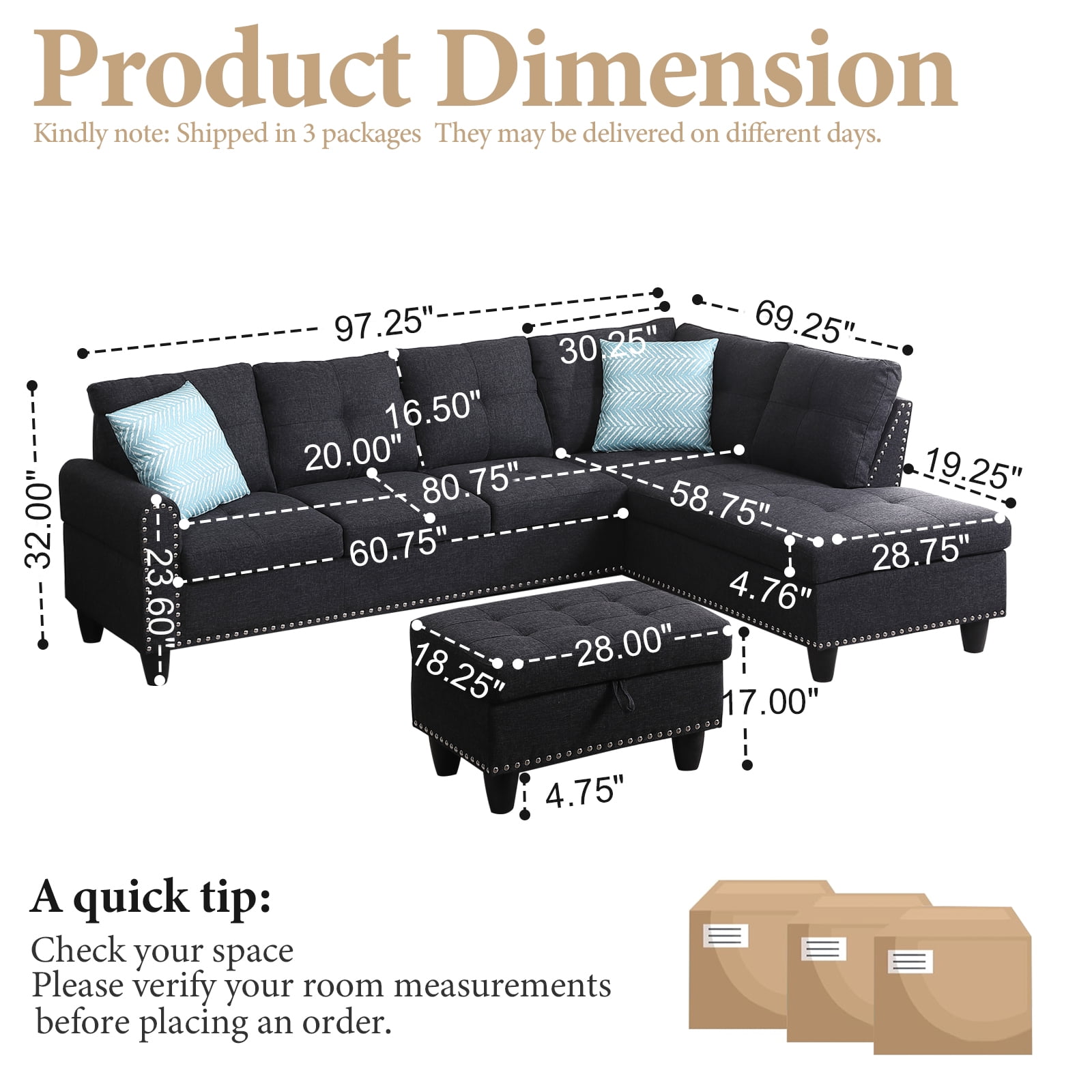 Dreamzie Flippable Backrest Sectional Sofa Set, L-Shaped Linen Modular Sectional Couches for Living Room, Apartment, Storage Ottoman,Charcoal Grey
