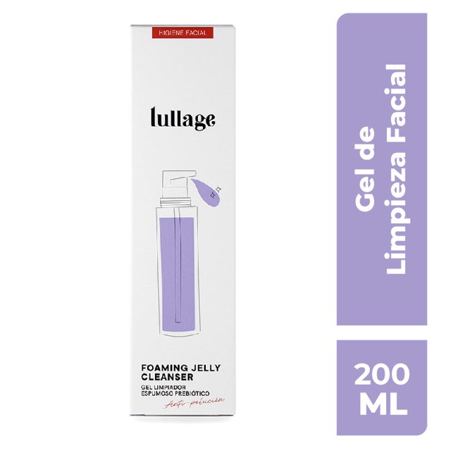 gel limpiador purificante lullage foaming jelly para pieles grasas 200ml en caja blanca vertical con ilustración de frasco dispensador lila, marca Lullage y panel lateral lila que indica Gel de Limpieza Facial y 200 ML; el empaque indica fórmula prebiótica con extracto de lavanda y extracto de alga roja, adecuado para retirar maquillaje ligero.