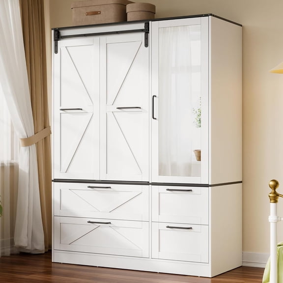 PakaLife 73" H Farmhouse with Sensor Light&4 Drawers, Bedroom Armoire Cabinet with Hanging Rod&Open Space, Wooden Wardrobe Cabinet with Folding Sliding Barn Door for Bedroom, White