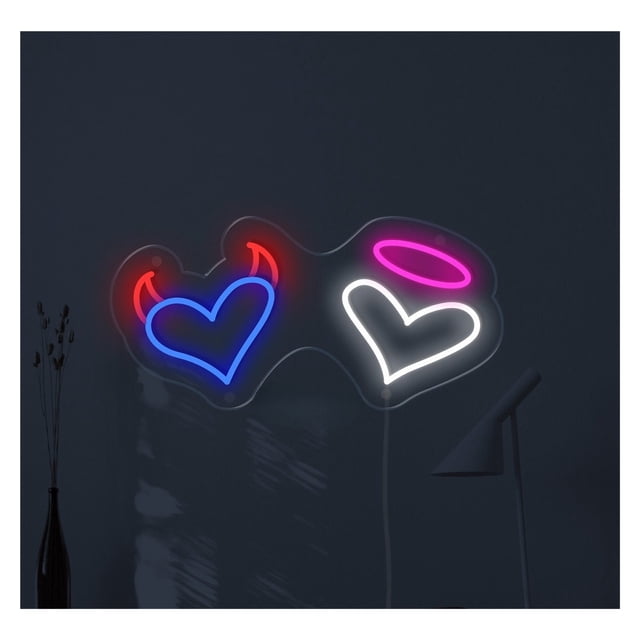 Letrero De Neón Con Corazones Ángel Y Demonio Para Decoración Pared En Sala Juegos, Dormitorio, Bar, Estar O Fiesta Cumpleaños 48cm