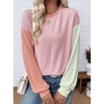 thumbnail image 5 of Womens Long Sleeve Tops Fall Fashion Crewneck Color Block Ribbed Knit Casual Loose Fit Pullover Shirts Pink Green L, 5 of 7