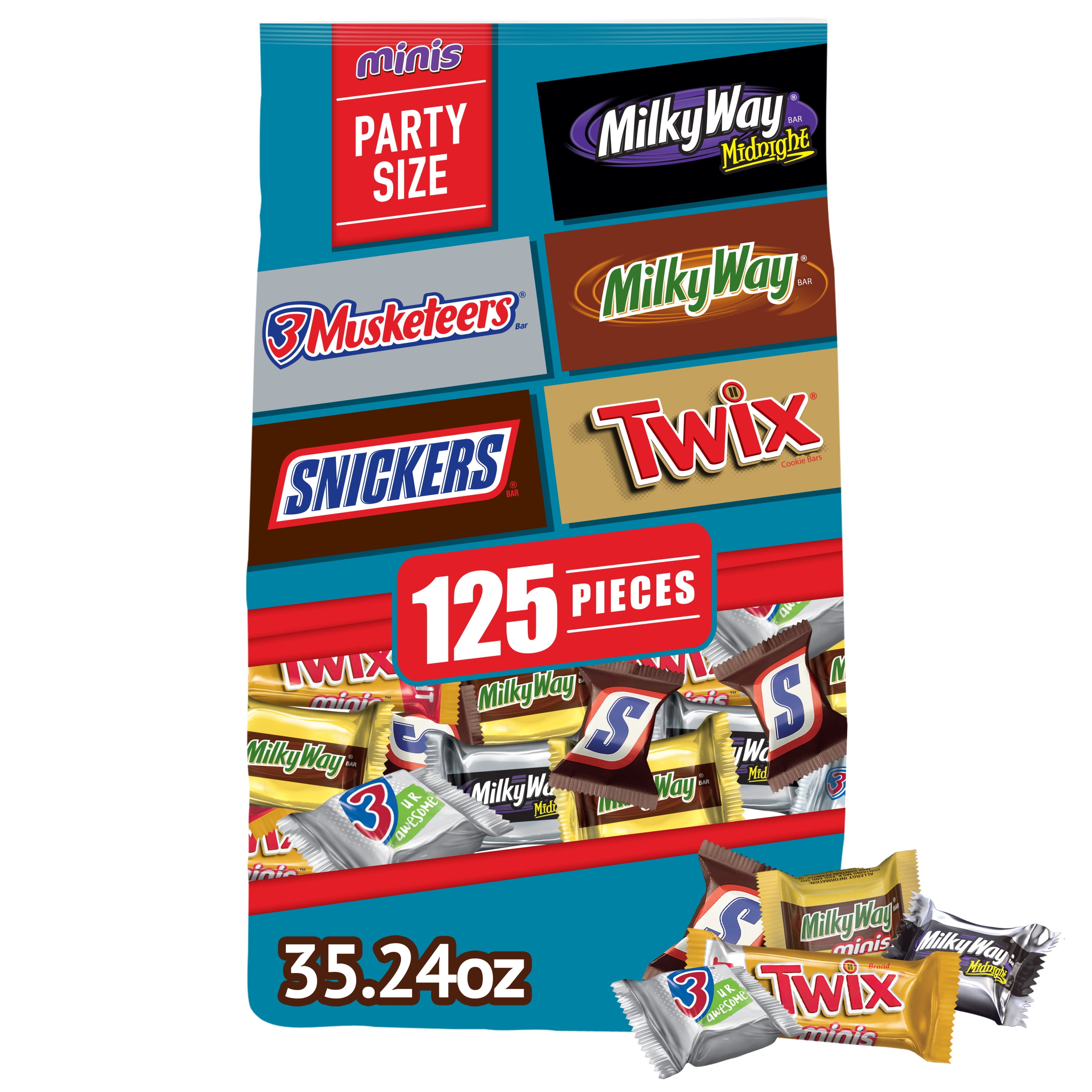 Snickers, Twix, Milky Way & 3 Musketeers Variety Pack Halloween Milk & Dark Chocolate Candy Bars - 125 Pieces Bag