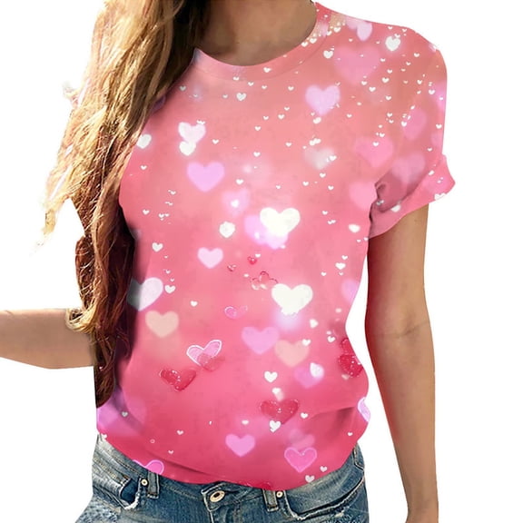 asdoklhq Heart Print Valentine's Day Tees Ladies' Fashion Valentine's Day Printed Short Sleeved Round Neck Top/shirt Pink M