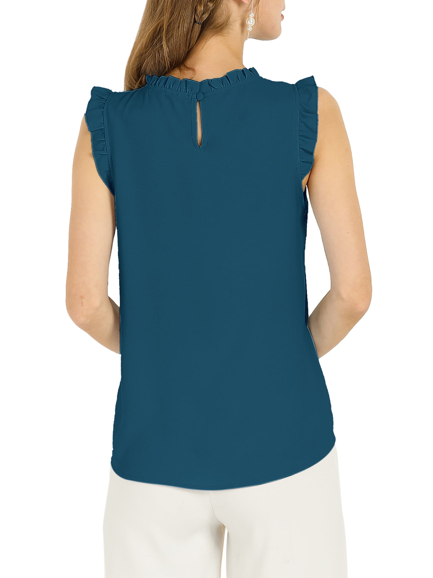 DARING DIVA Women's Ruffled Trim Pleated Plain Blouse Top XL Blue Green