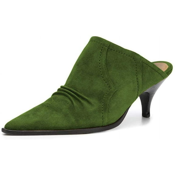 YDN Women Sexy Kitten Low Heel Mules Pumps Pointed Closed Toe Loafers Backless Slip On Sandals Suede Comfort Shoes Size 7 Olive