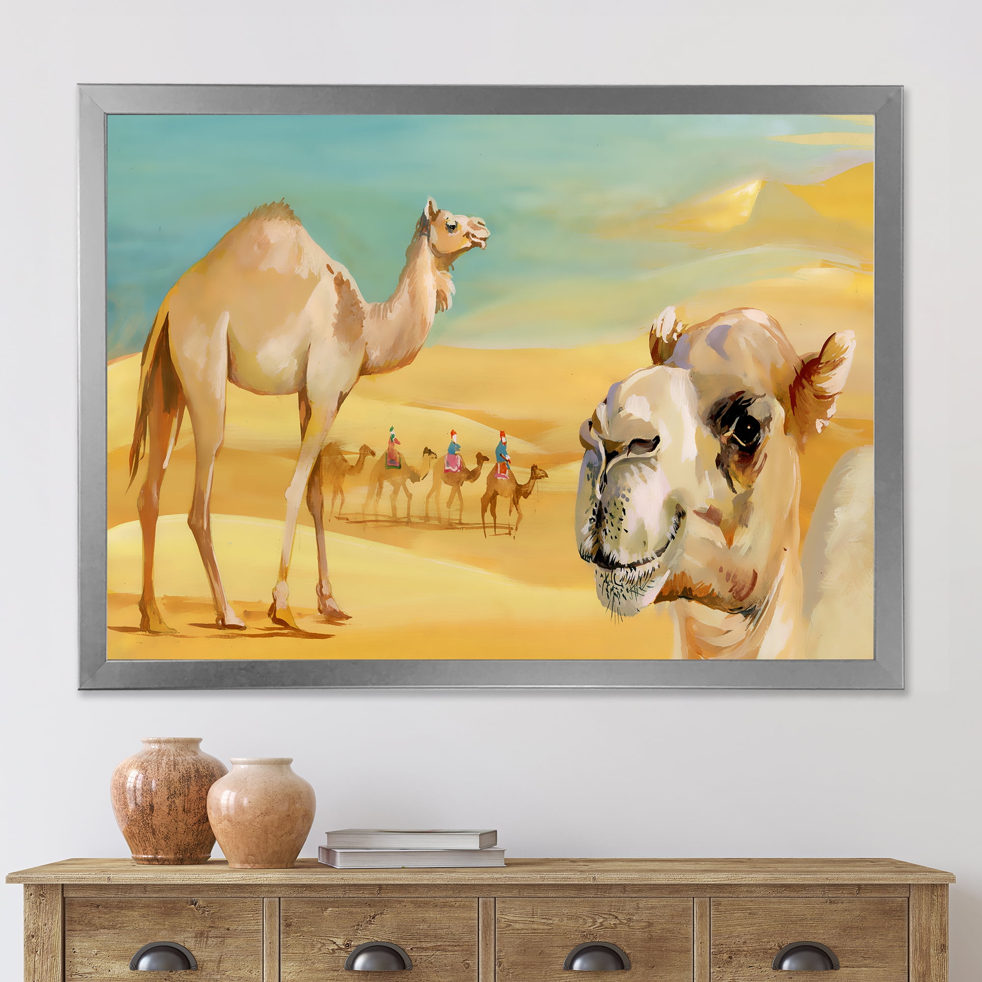Designart 'Camels In Wild Desert II' Farmhouse Framed Art Print
