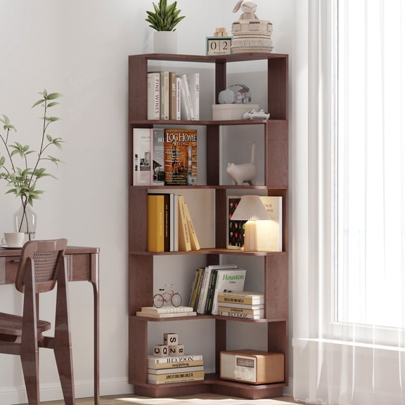 MAYEERTY 6 Tier L-Shaped Open Corner Bookshelf, Freestanding Wooden Bookcase with Anti-Fall Baffle & Anti-Tipping Device, for Living Room Bedroom Home Office Small Spaces