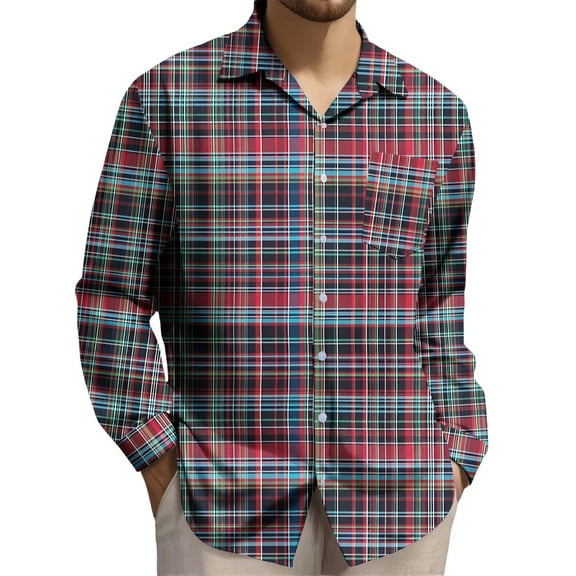 KeShDi Flannel Shirt for Men Plaid Printed Top Casual Men's Shirt Top Men's Long Sleeved Lapel Top/shirt Multicolor S