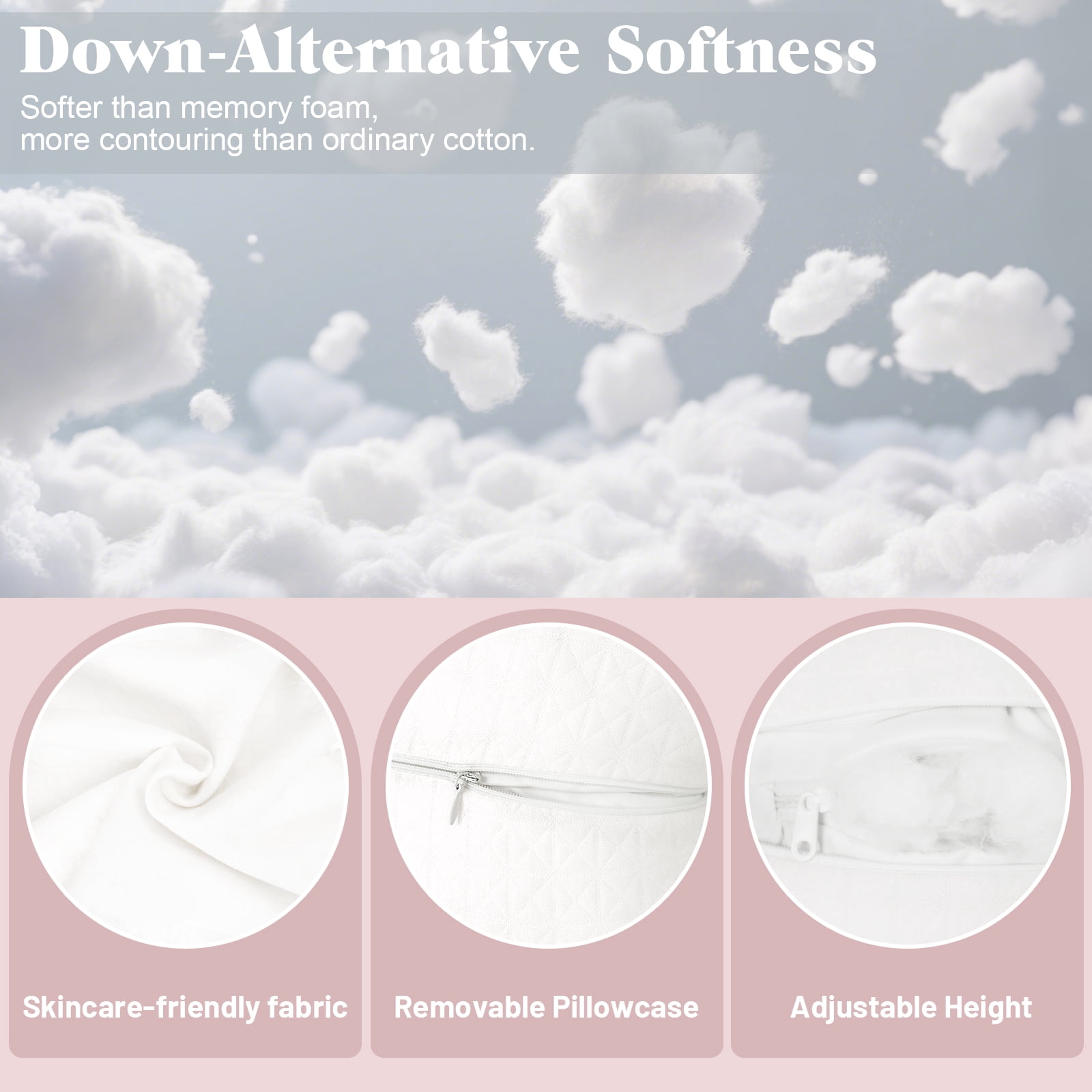 RoamReady Anti-Wrinkle Side Sleeper Pillow, Adjustable Down Alternative Beauty Pillow with Neck Pain Relief, White
