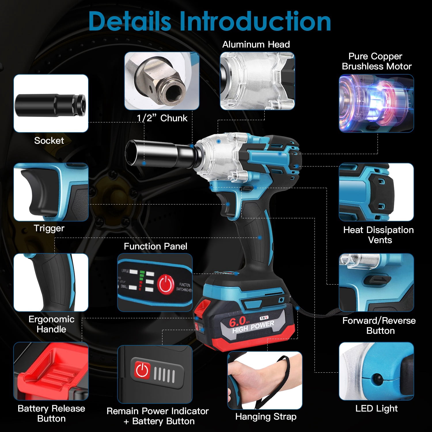 1/2" Electric Cordless Impact Wrench TeqHome Brushless Impact Wrench with Max 3450RPM 2Pcs 6.0Ah Battery 3 Sockets Storage Case for Car Truck Repairing