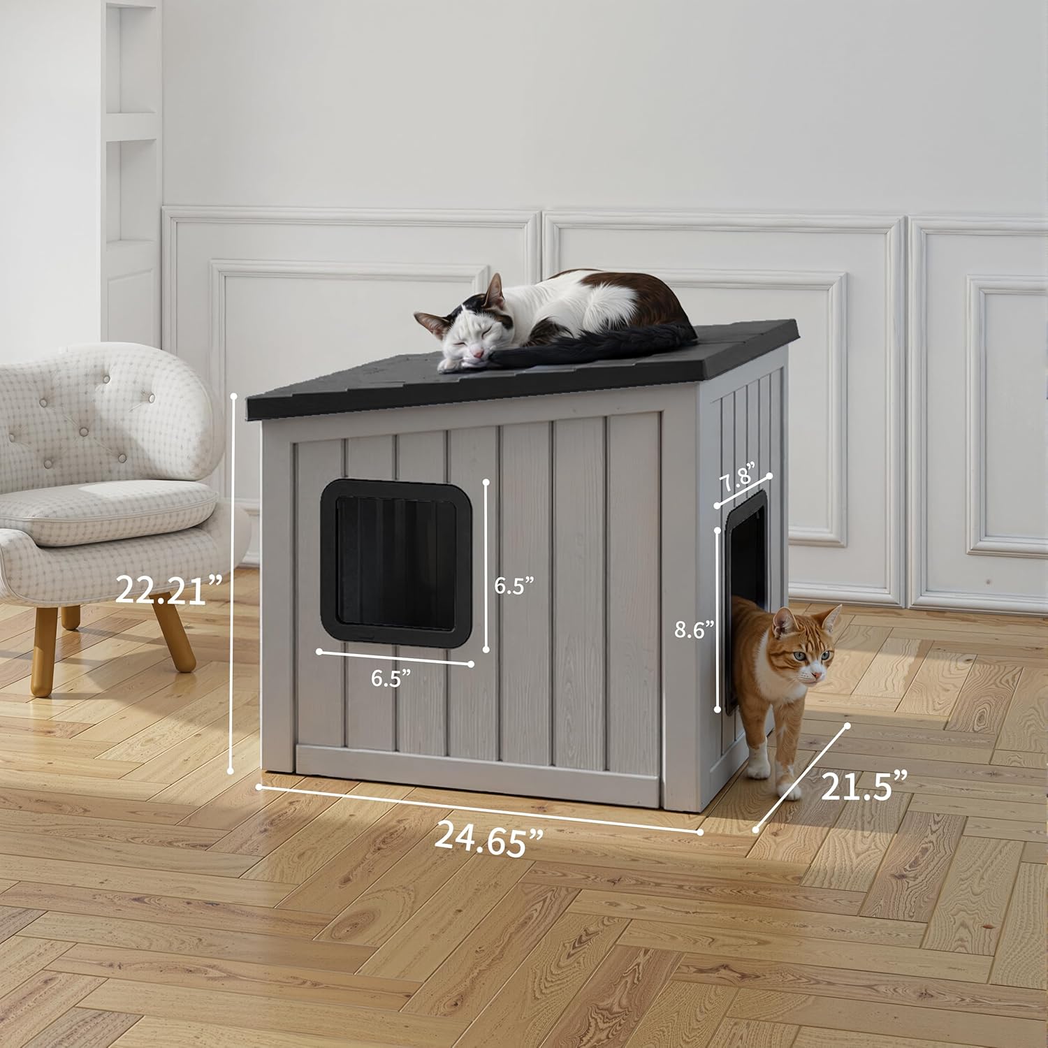 Cat House Outdoor Waterproof,Resin Cat Shelter Feral,Easy to Clean Durable Slanted Top,Cat Bed for Cats and Easy to Assemble (Black, 24.65 * 21.5 * 22.21in)