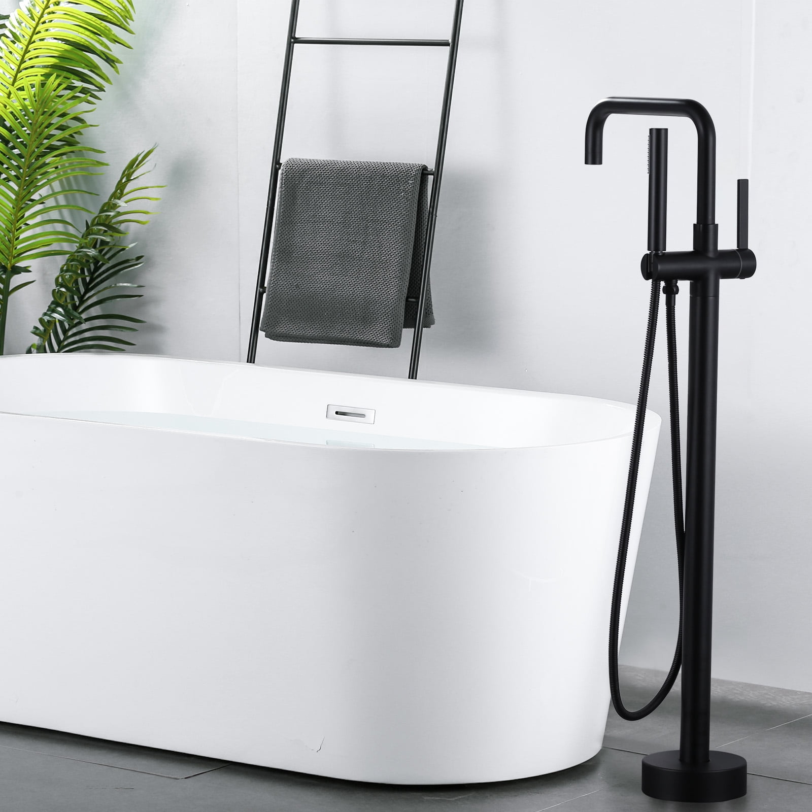 Wowow Single-Handle Freestanding Tub Faucet Floor Mount Bathtub Filler with Hand Shower in Matte Black