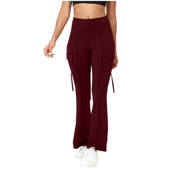 Womens Flare Leggings with Pockets Tummy Control Butt Lifting Workout Pocket High Waisted Yoga Running Hiking Pants Deep Red L