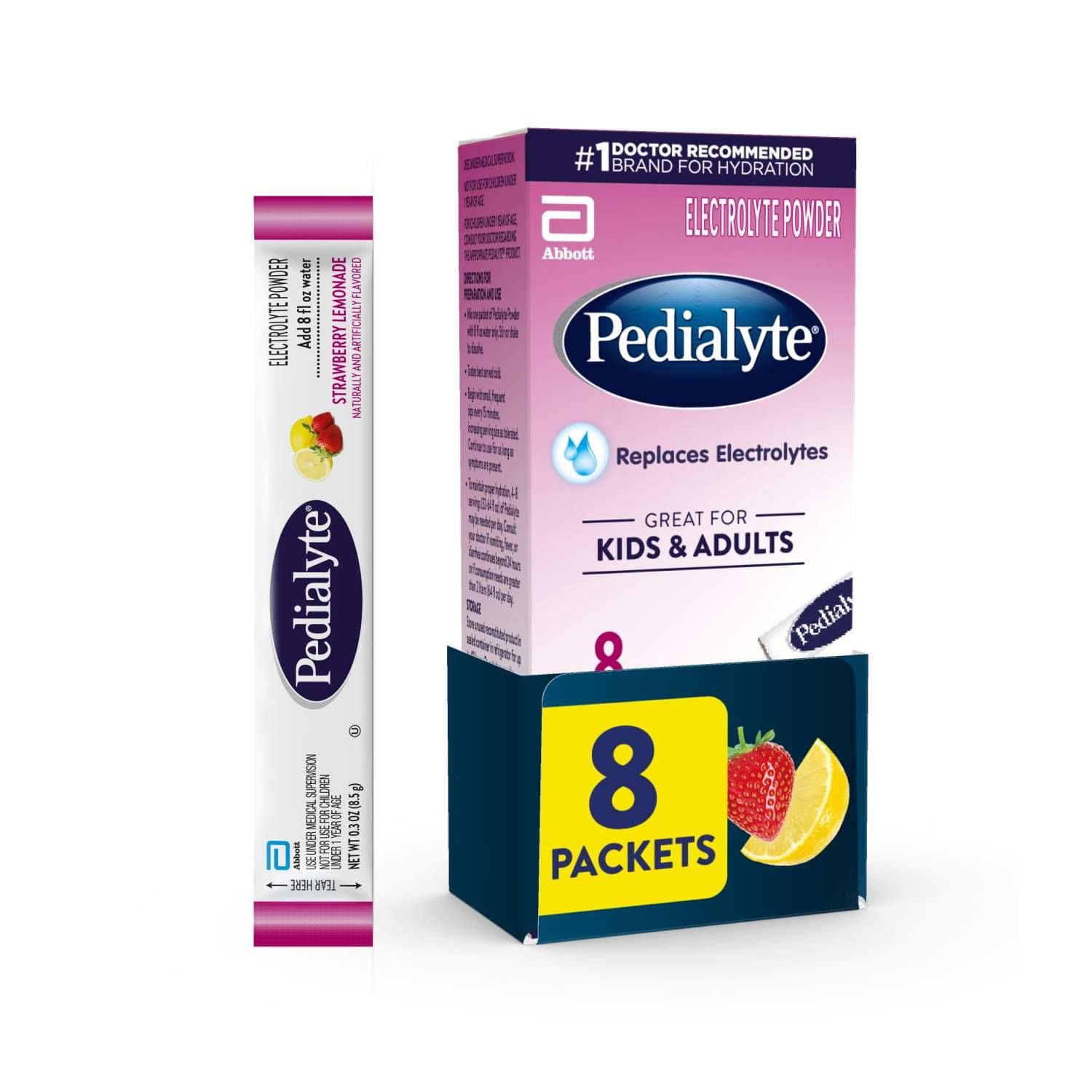 (4 pack) Pedialyte Electrolyte Powder, Strawberry Lemonade, 8 Powder Packets
