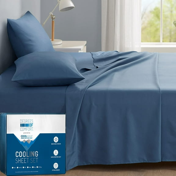 Degrees of Comfort Coolmax Cooling Sheets Set for Twin XL Size Bed, Moisture Wicking for Night Sweats Best Comfort, Cool Sheets for Hot Sleepers During Warm Weather with Deep Pocket, Blue-3PC