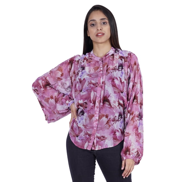 Moomaya Chemise Boutonnée Imprimée pour Femmes Col Mandarin Manches Longues Haut d'Été