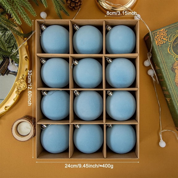 SLYNSHome 12 Pack Flocked Christmas Ball Ornaments, 8cm Velvet Hanging Baubles,Blue Vintage Decorative Balls For Christmas Tree Home Holiday Decoration