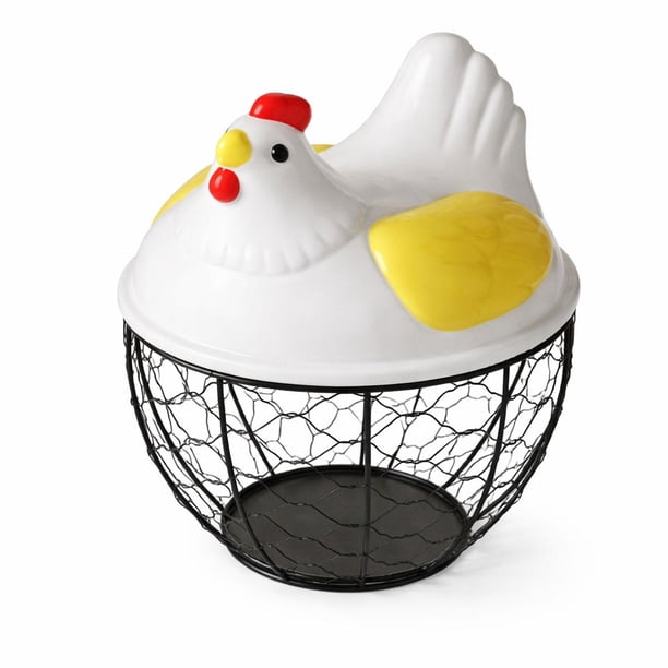 Cesta para almacenar huevos, soporte para huevos frescos con tapa, cesta rústica para huevos de , contenedor para frutas y encimeras. Tapa amarilla
